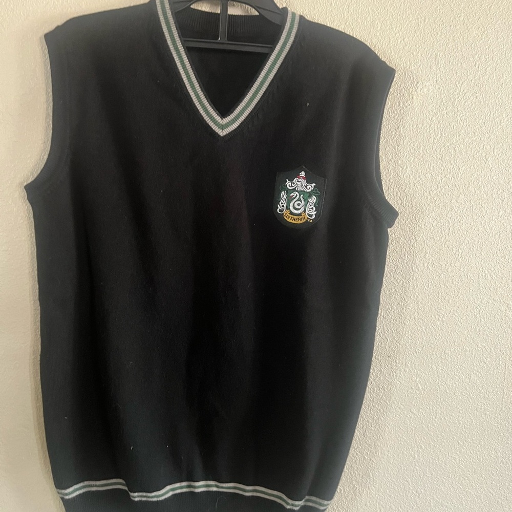 Classic Black V-Neck Sweater with Embroidered Crest